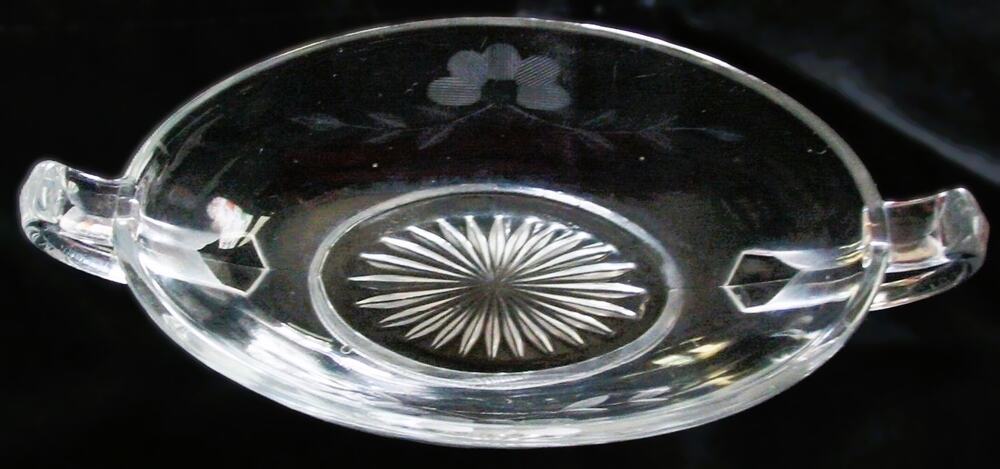 Mid-Century Clear Glass Berry Condiment Bowl Sunburst Floral Design Handled